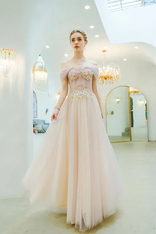 Cap Sleeves A Line Floor Length Elegant Tulle Prom Dress Unique Embroidery Prom Evening Dress SMT0717