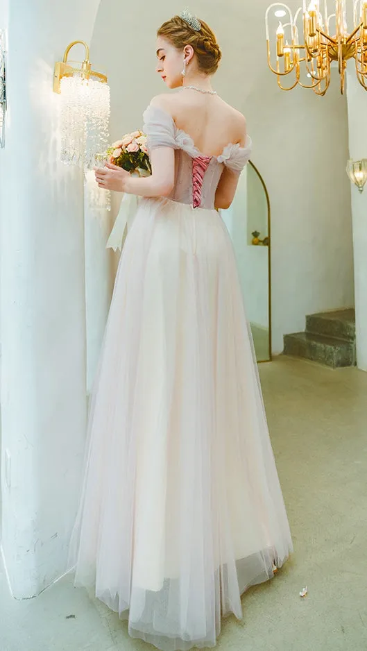 Cap Sleeves A Line Floor Length Elegant Tulle Prom Dress Unique Embroidery Prom Evening Dress SMT0717