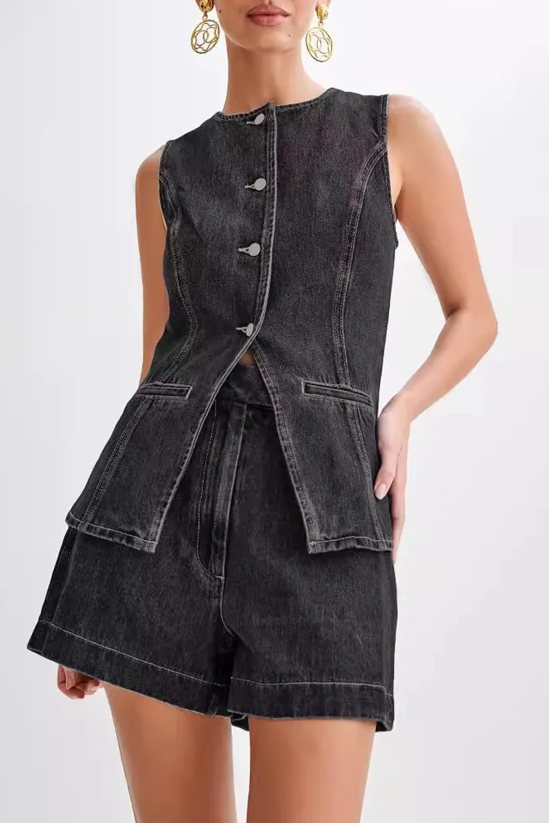 Casual Daily Solid Color Buttons Patchwork O Neck Sleeveless Two Pieces(4 Colors)