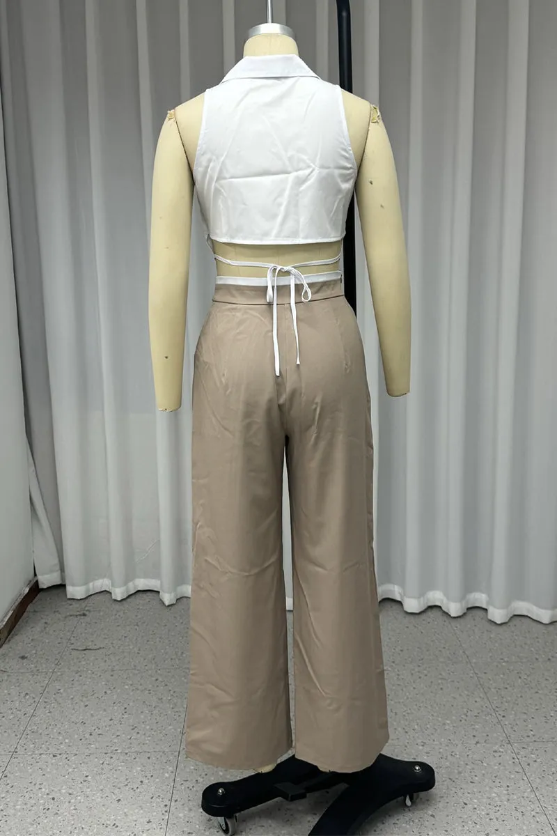 Casual Lace Up Buttons Turndown Collar Sleeveless Two Pieces