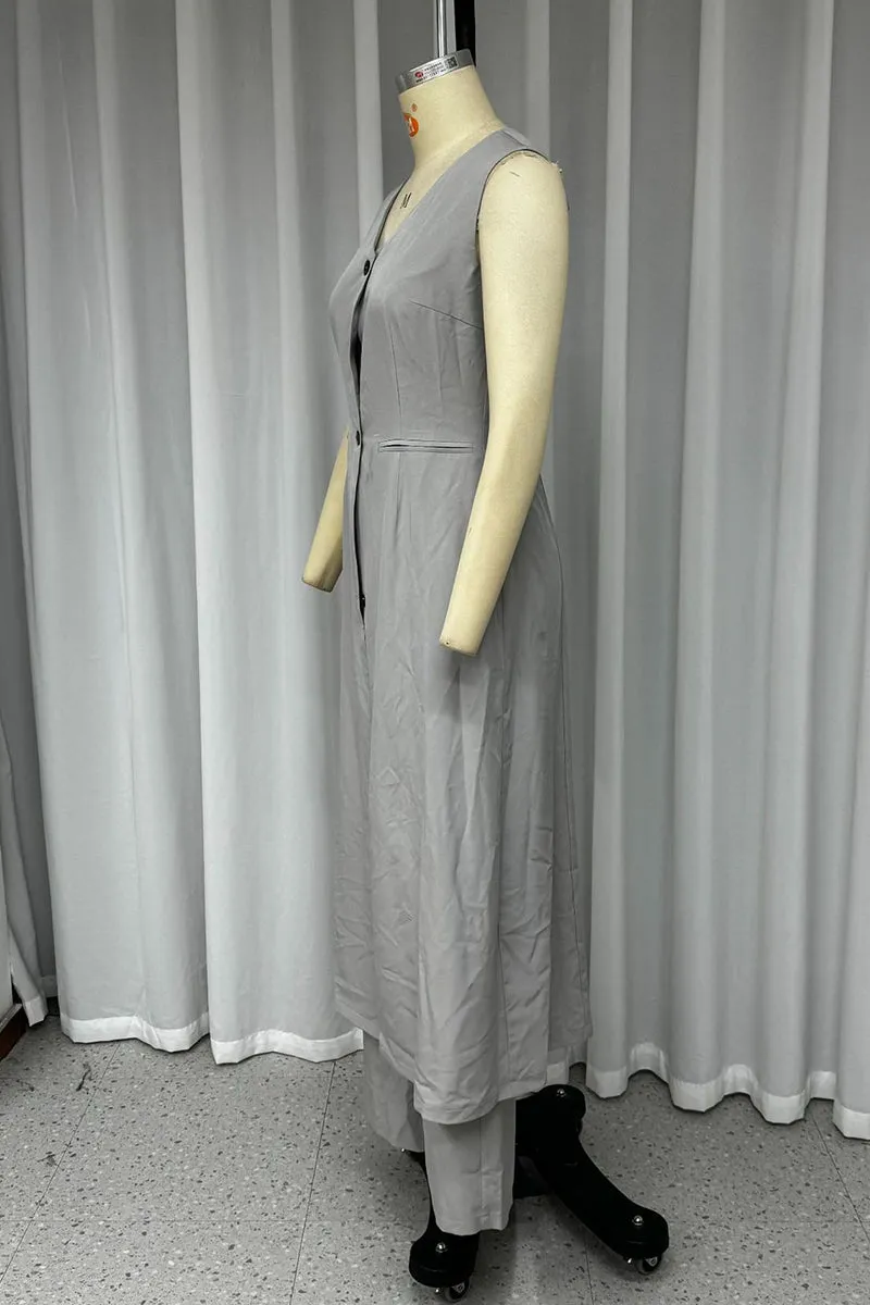 Casual Street Solid Color Pocket Buttons V Neck Sleeveless Two Pieces