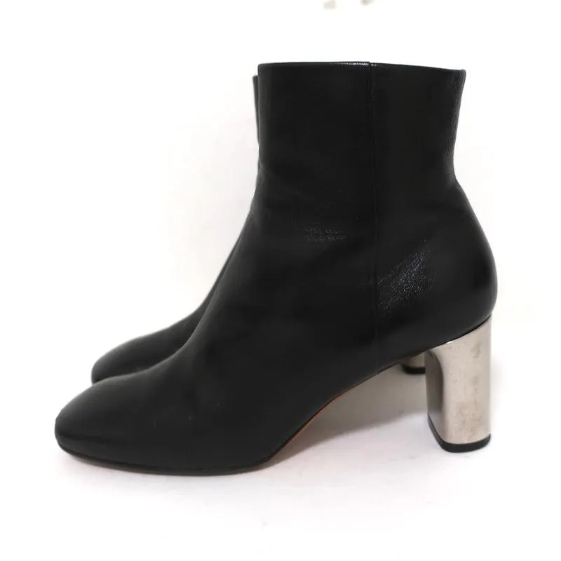 Celine Bam Bam Ankle Boots Black Leather Size 37 Metal Heel Booties