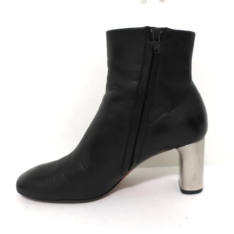 Celine Bam Bam Ankle Boots Black Leather Size 37 Metal Heel Booties
