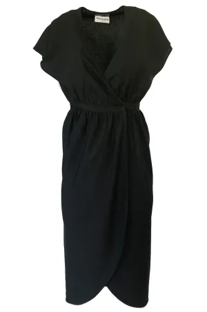 Chic 1970s Halston Light Linen-Silk Wrap Plunge Black Dress