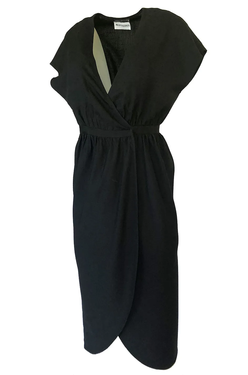 Chic 1970s Halston Light Linen-Silk Wrap Plunge Black Dress
