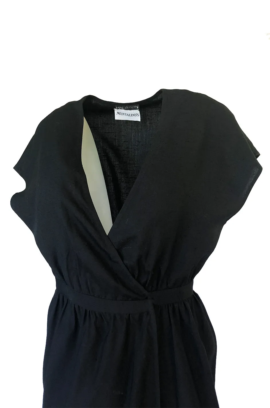 Chic 1970s Halston Light Linen-Silk Wrap Plunge Black Dress