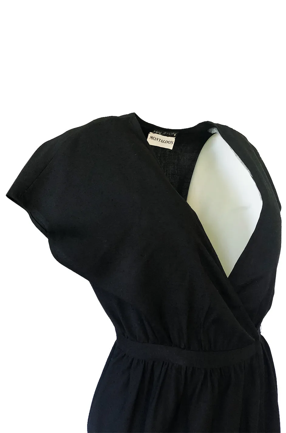 Chic 1970s Halston Light Linen-Silk Wrap Plunge Black Dress