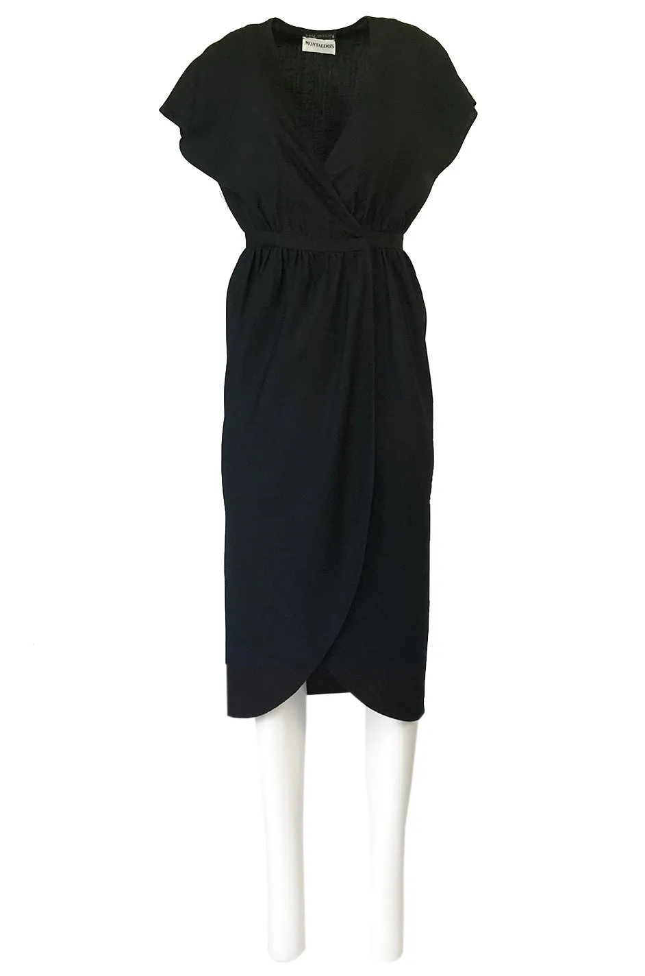 Chic 1970s Halston Light Linen-Silk Wrap Plunge Black Dress