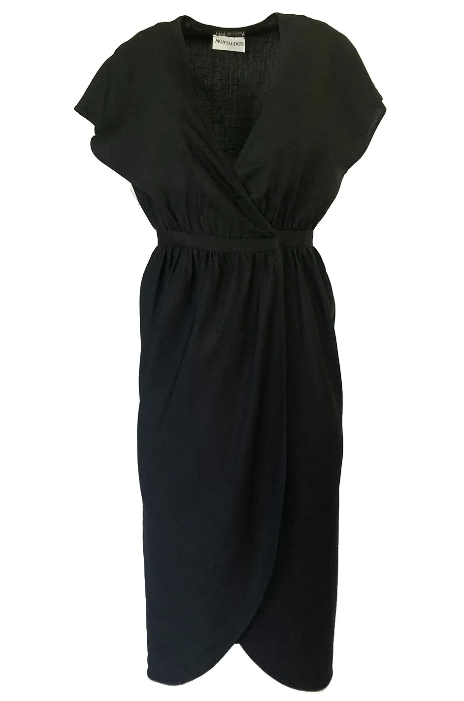 Chic 1970s Halston Light Linen-Silk Wrap Plunge Black Dress