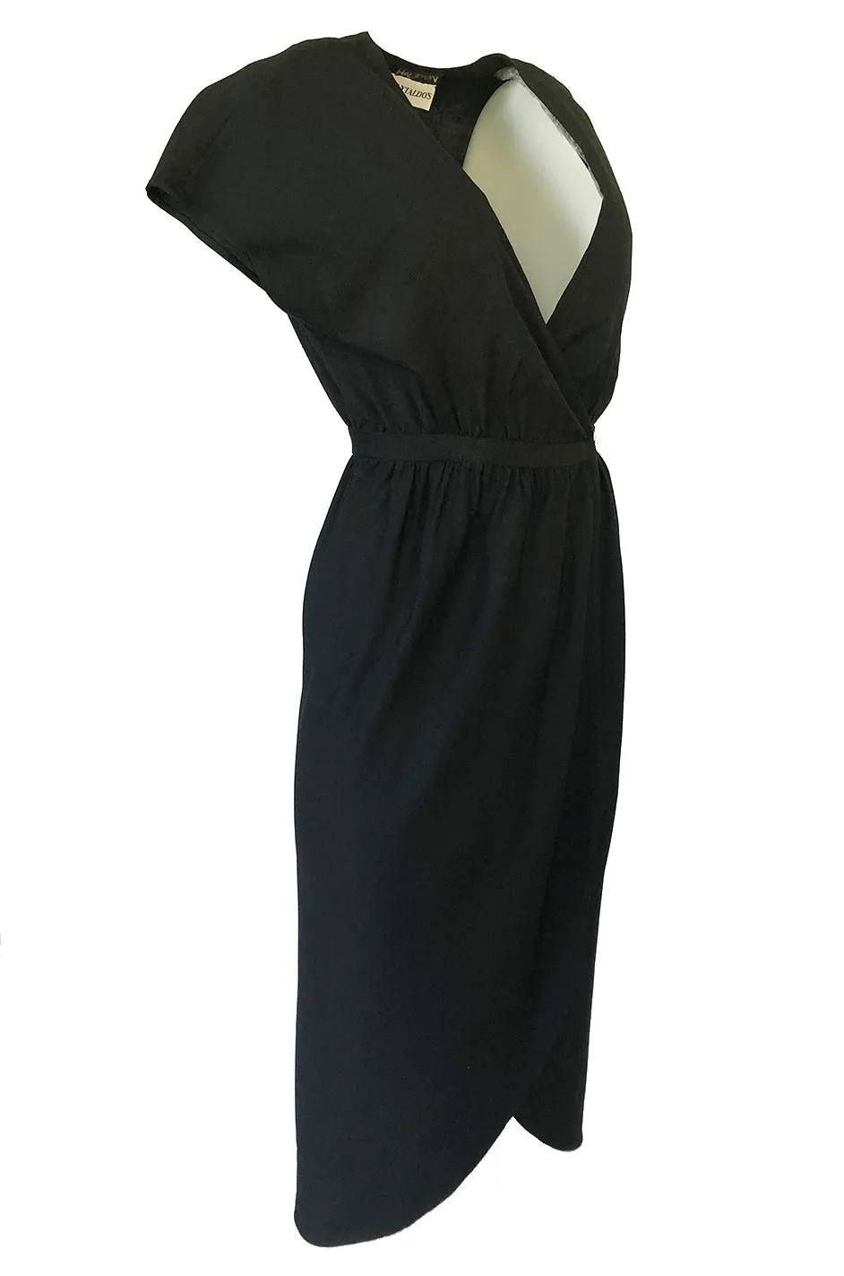 Chic 1970s Halston Light Linen-Silk Wrap Plunge Black Dress