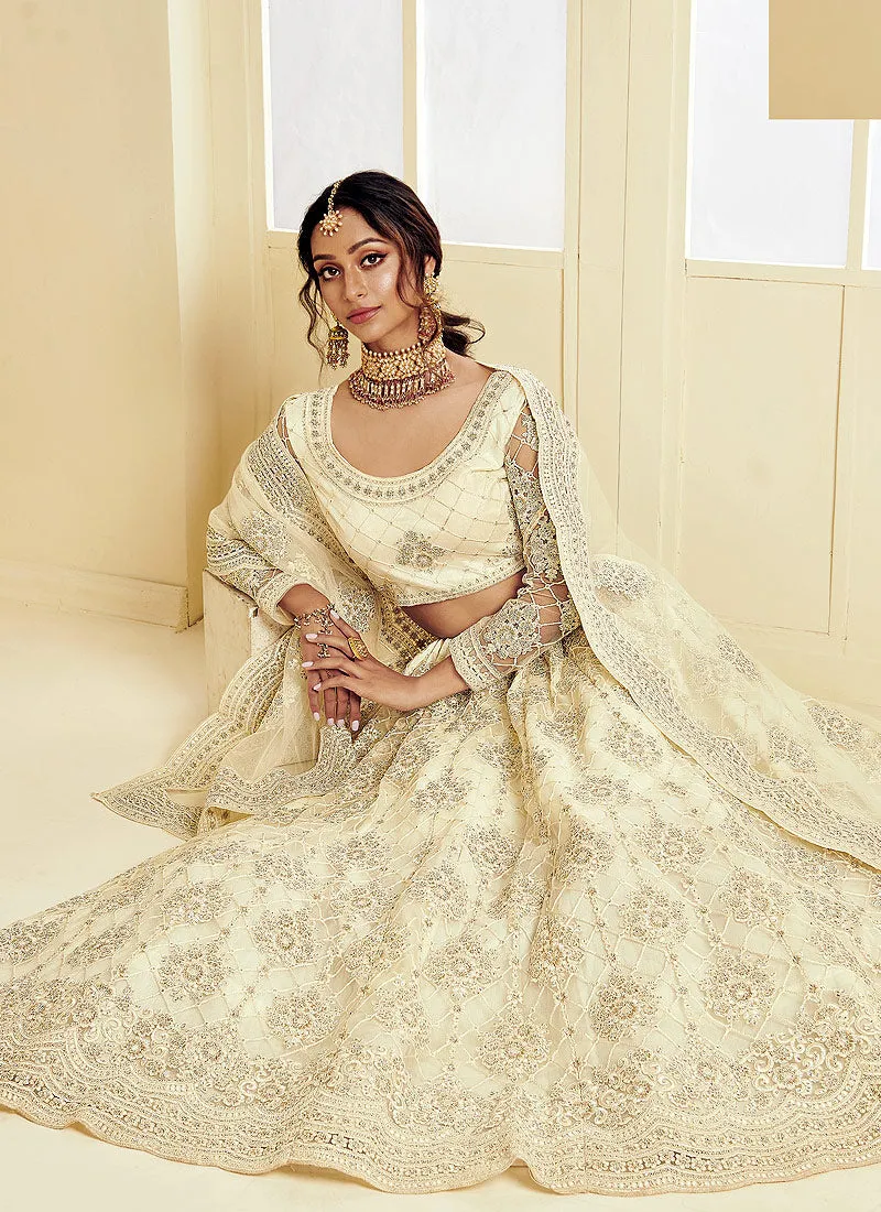 Creme White Pearl Embroidered Wedding Lehenga Choli