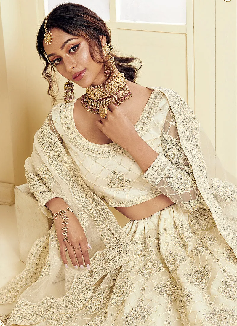 Creme White Pearl Embroidered Wedding Lehenga Choli