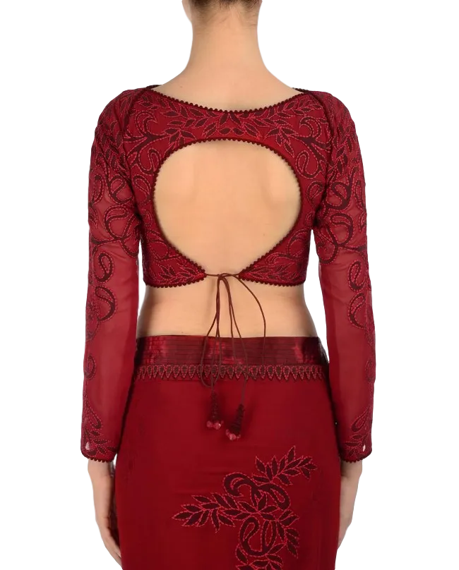 Dark Red designer saree with maroon applique work