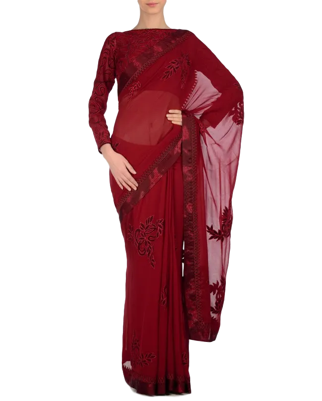 Dark Red designer saree with maroon applique work