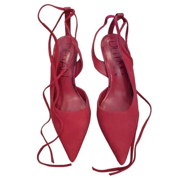 Deltan Women's Size 7M Juliana Suede Ankle Tie Burgundy Red Flared Heels New