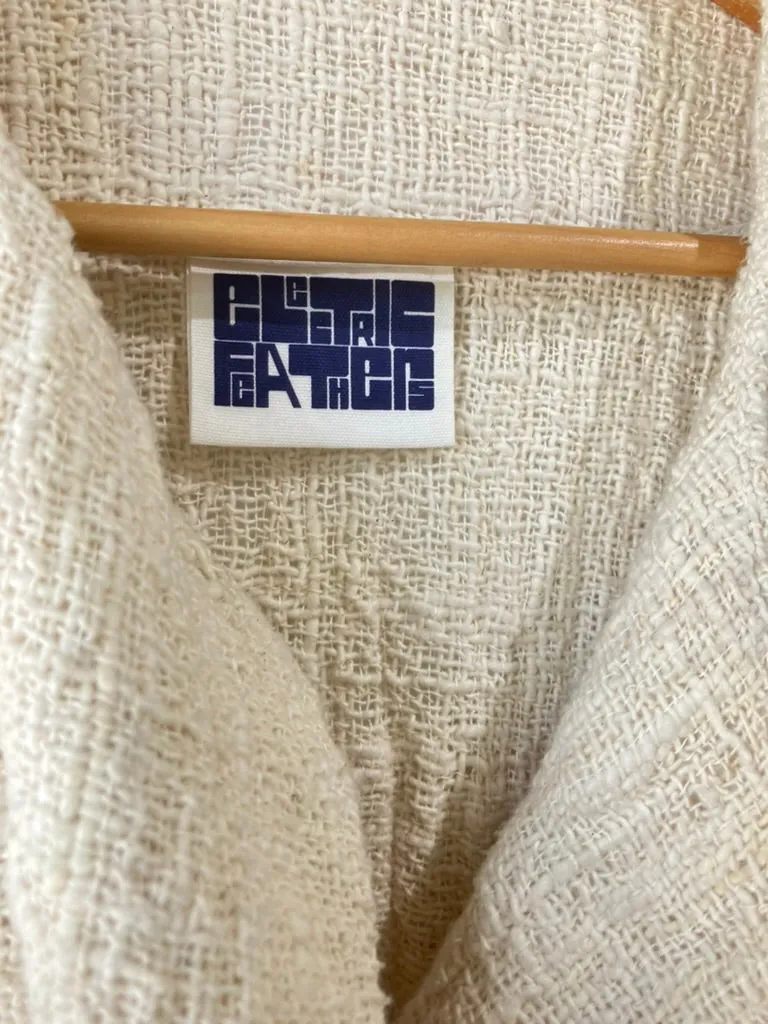 Electric Feathers Hand Woven Nubby Cotton White Envelope Coat with Vintage Brass Buttons