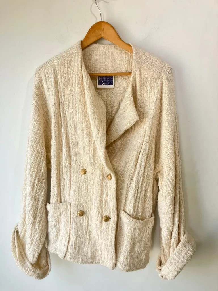 Electric Feathers Hand Woven Nubby Cotton White Envelope Coat with Vintage Brass Buttons