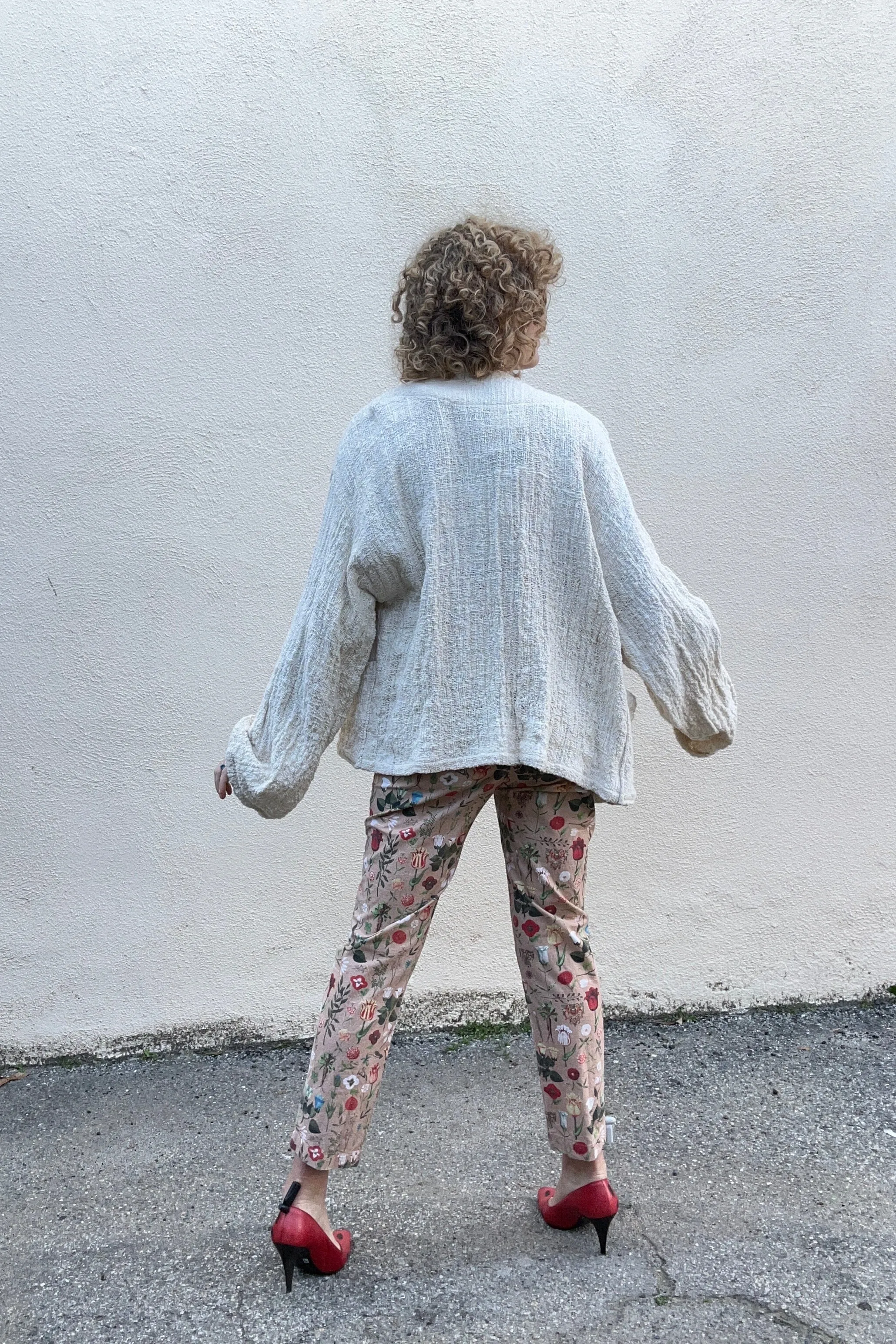 Electric Feathers Hand Woven Nubby Cotton White Envelope Coat with Vintage Brass Buttons