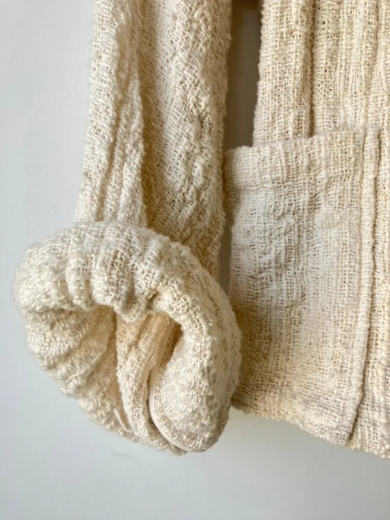 Electric Feathers Hand Woven Nubby Cotton White Envelope Coat with Vintage Brass Buttons