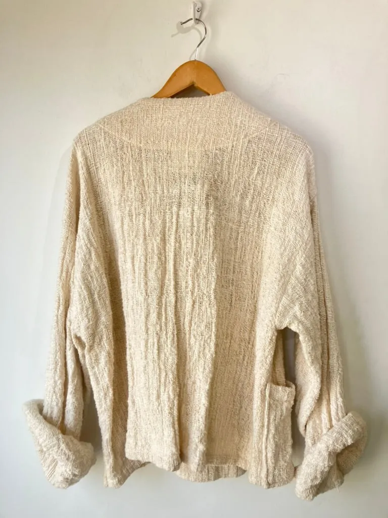 Electric Feathers Hand Woven Nubby Cotton White Envelope Coat with Vintage Brass Buttons