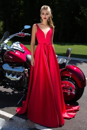 Elegant A Line Red See Through Back Long V Neck Prom Dresses Evening Dresses OHC486