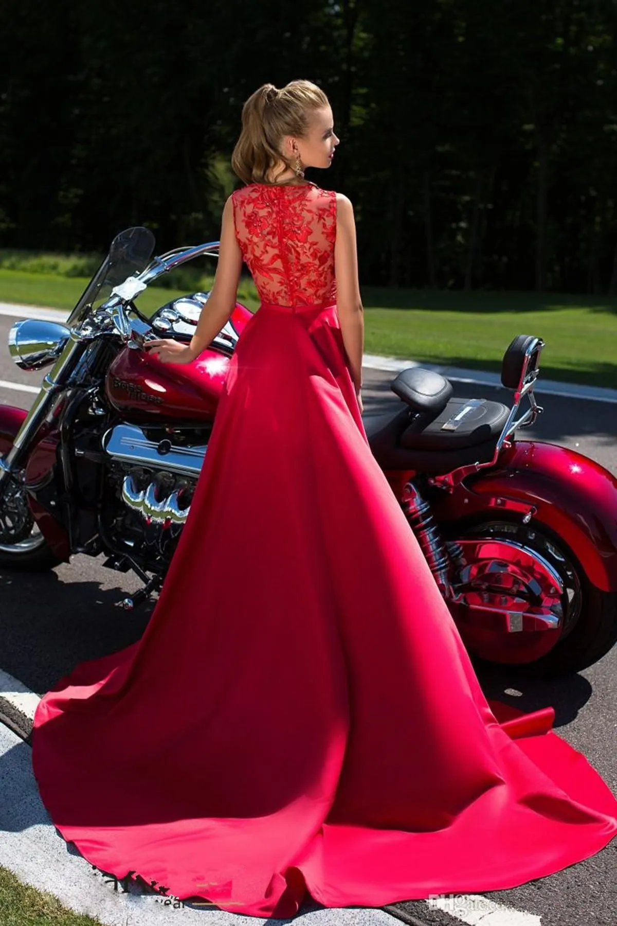 Elegant A Line Red See Through Back Long V Neck Prom Dresses Evening Dresses OHC486