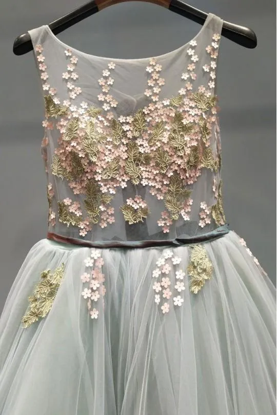 Elegant A Line Sweep Train Sleeveless Appliques Backless Long Tulle Prom Dress Formal Evening Dress OHC311