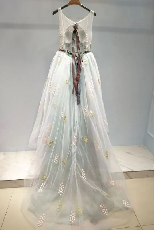 Elegant A Line Sweep Train Sleeveless Appliques Backless Long Tulle Prom Dress Formal Evening Dress OHC311