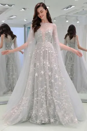 Elegant Grey Star Floral Tulle Long Sleeves A Line Senior Prom Dress Evening Dress OHC385