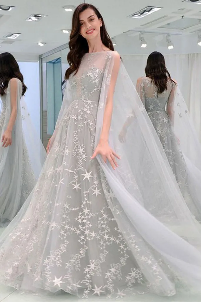 Elegant Grey Star Floral Tulle Long Sleeves A Line Senior Prom Dress Evening Dress OHC385