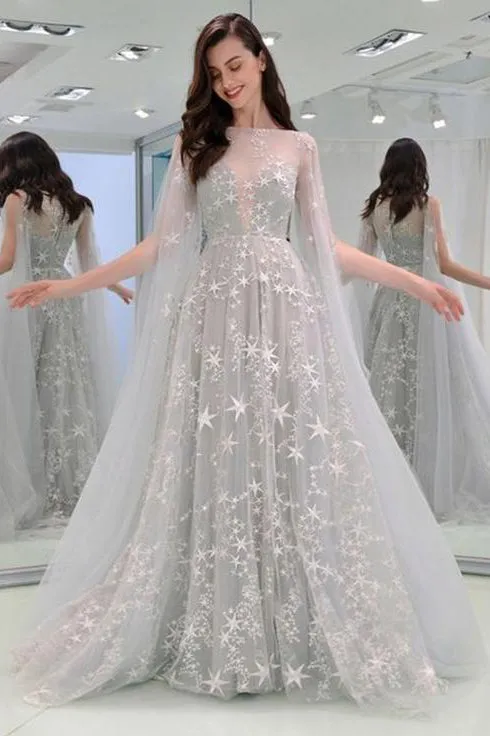 Elegant Grey Star Floral Tulle Long Sleeves A Line Senior Prom Dress Evening Dress OHC385