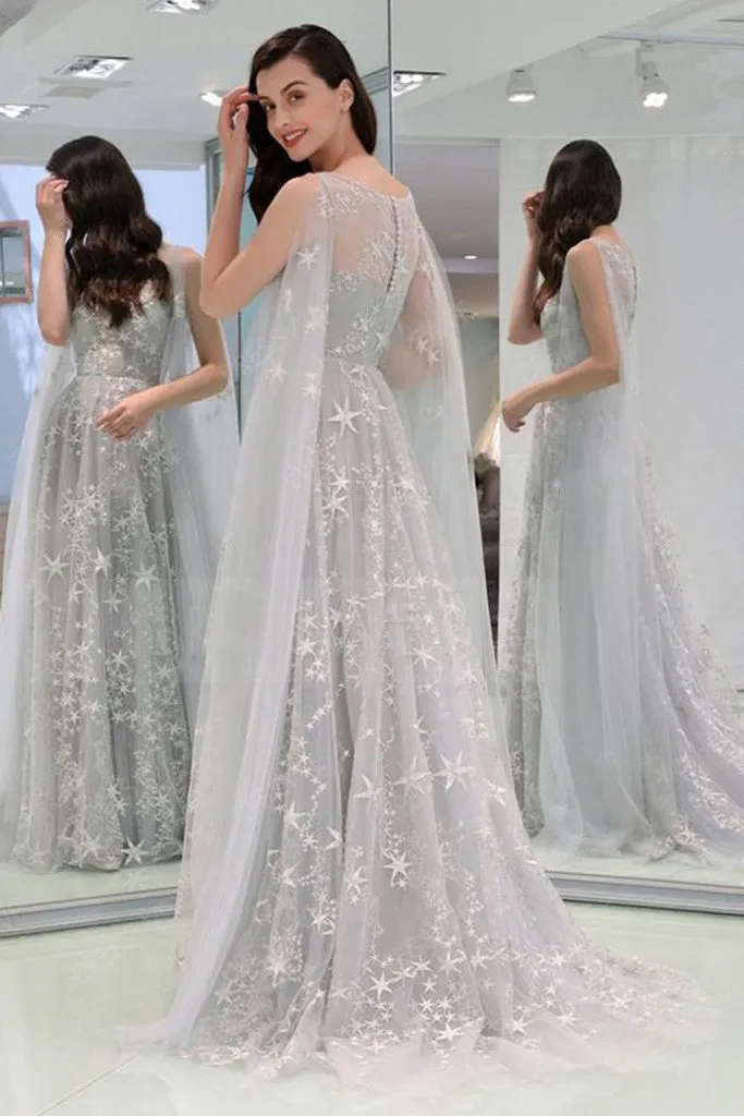 Elegant Grey Star Floral Tulle Long Sleeves A Line Senior Prom Dress Evening Dress OHC385