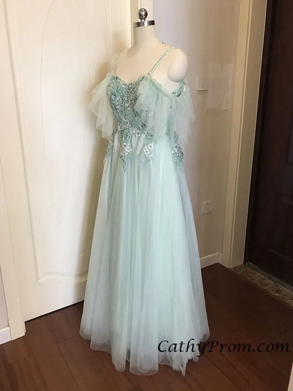 Elegant Tulle Spaghetti Straps  Floor Length Appliques Prom Evening Dress HSC6613