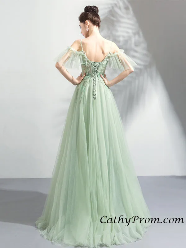 Elegant Tulle Spaghetti Straps  Floor Length Appliques Prom Evening Dress HSC6613