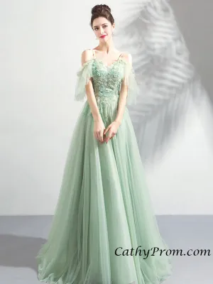 Elegant Tulle Spaghetti Straps  Floor Length Appliques Prom Evening Dress HSC6613