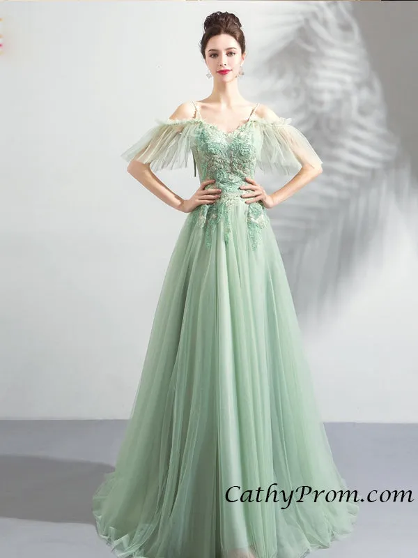 Elegant Tulle Spaghetti Straps  Floor Length Appliques Prom Evening Dress HSC6613