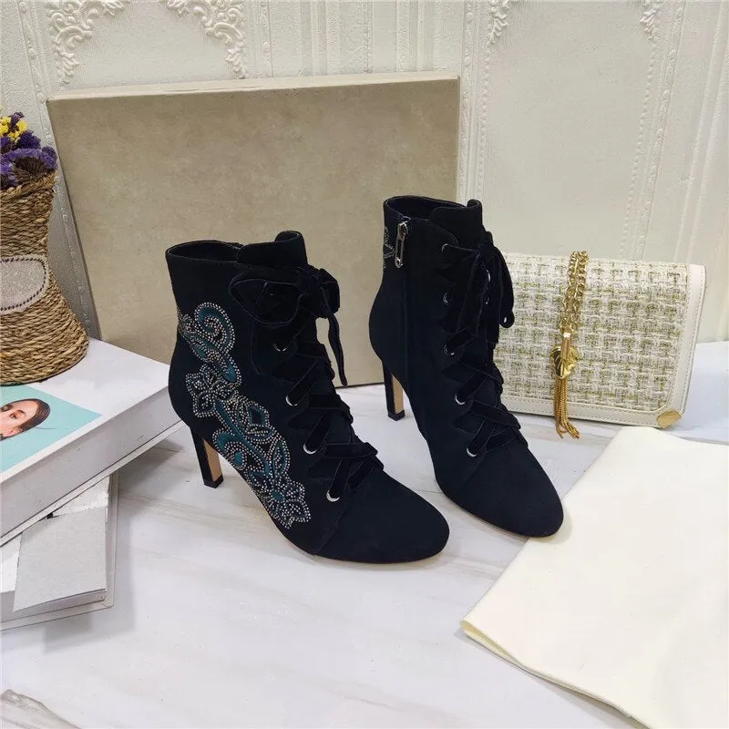 Embroidered Rhinestone Ladies Short Boots