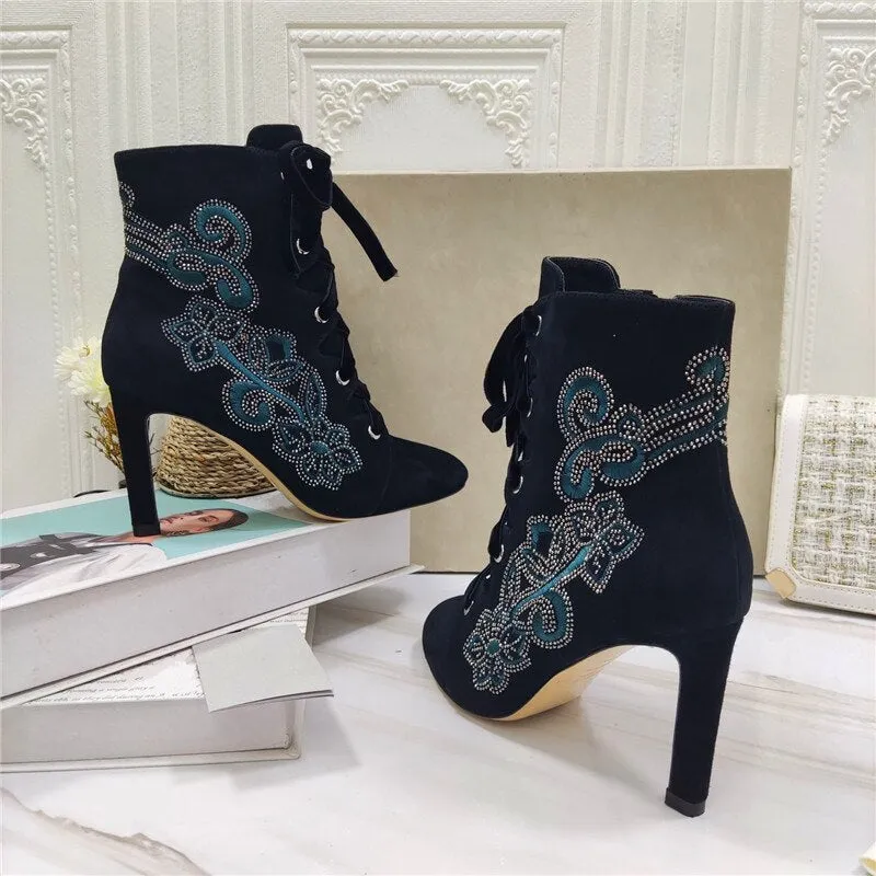 Embroidered Rhinestone Ladies Short Boots