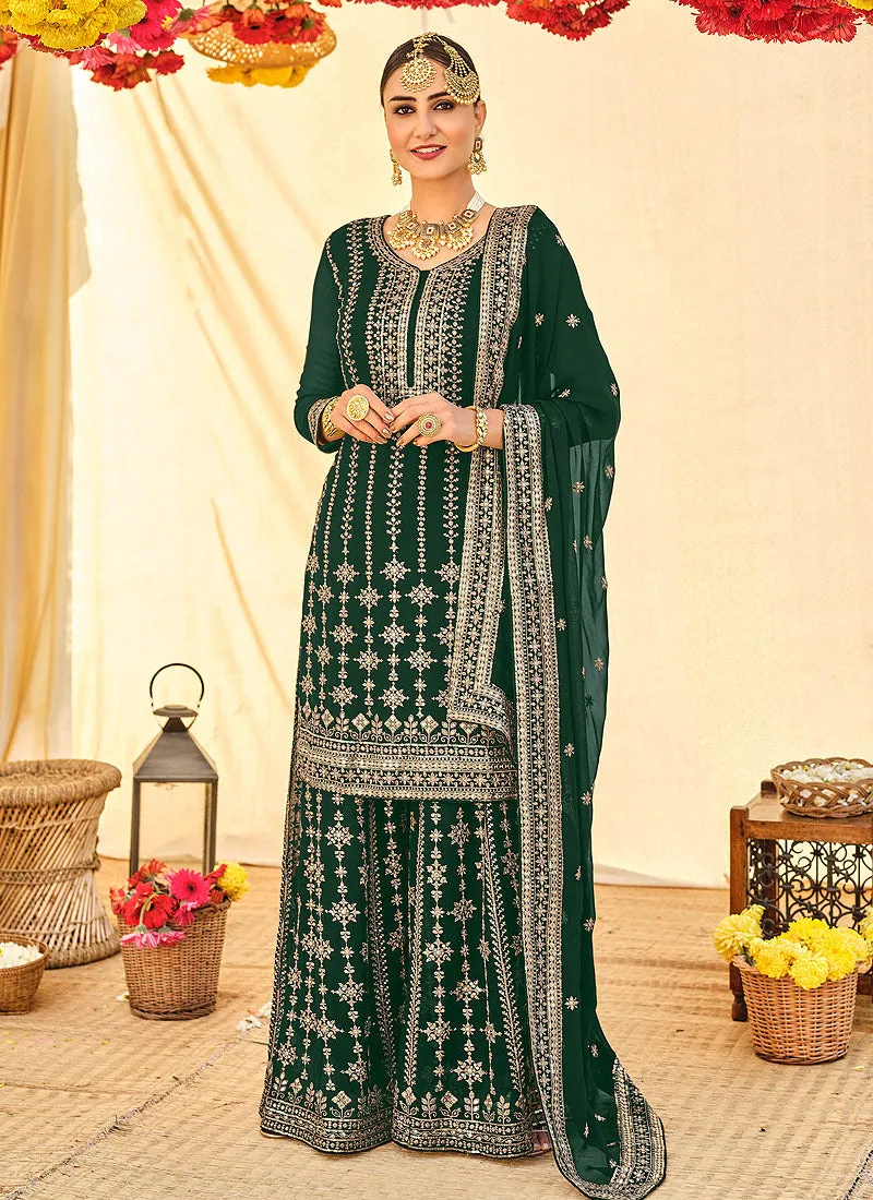 Emerald Green Embroidered Sharara Suit