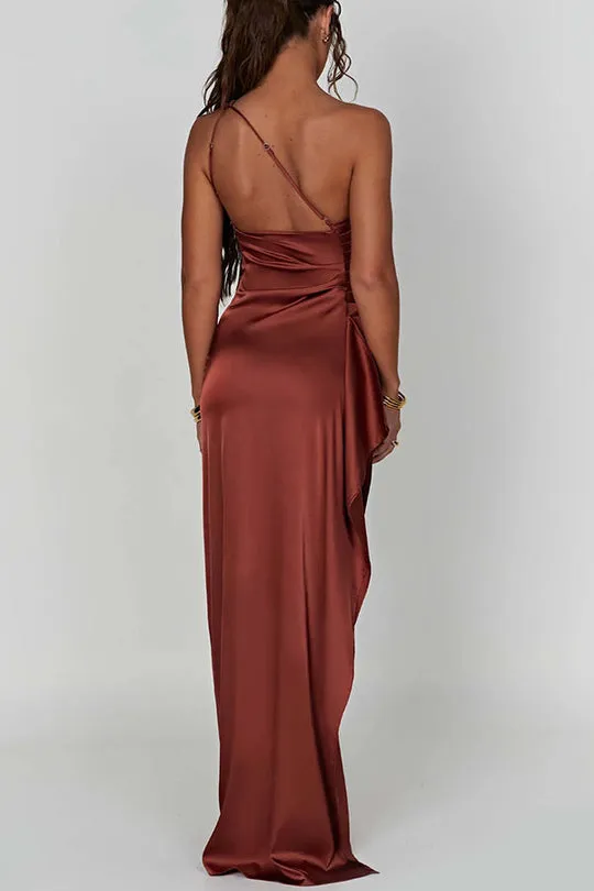 Fits Your Curves Satin One Shoulder Drape Slit Maxi Dress