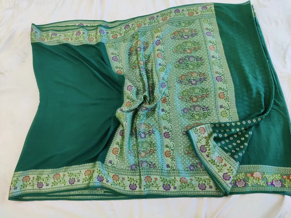 Forest Green Banarasi Chiffon Meenakari Elegant Saree