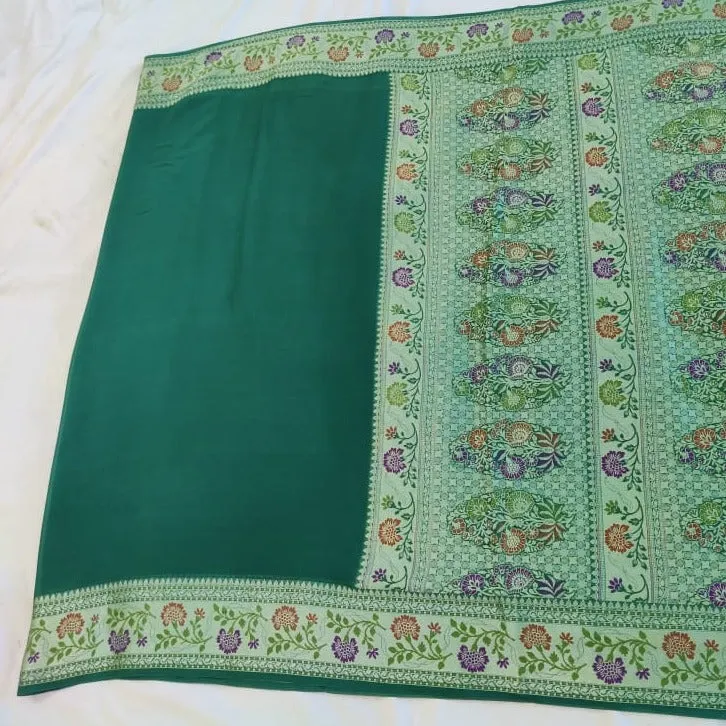 Forest Green Banarasi Chiffon Meenakari Elegant Saree