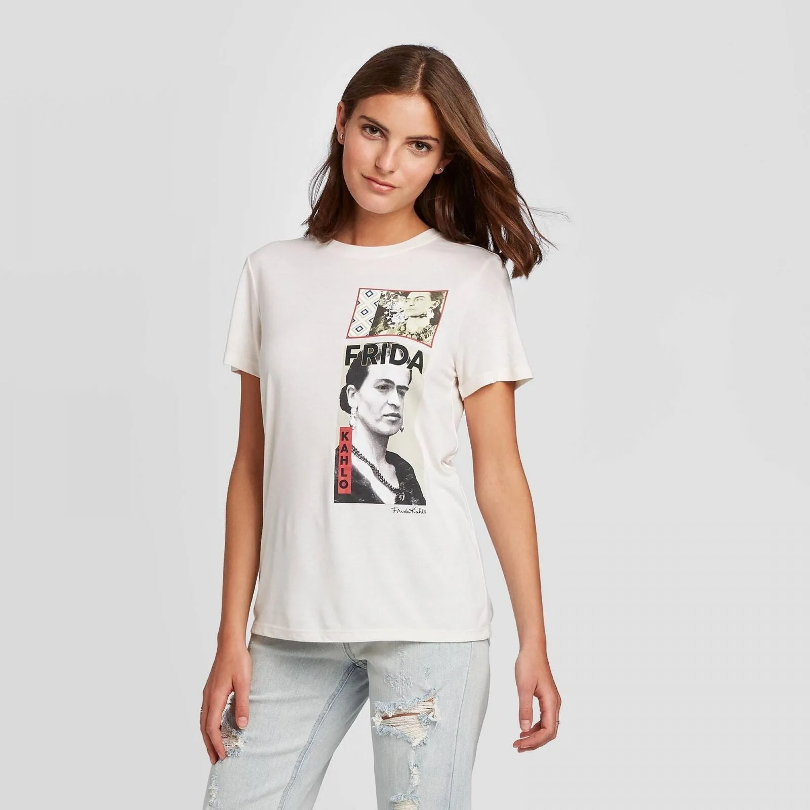 Frida Kahlo Women's Short Sleeve Graphic T-Shirt (Juniors') Cream Ivory L