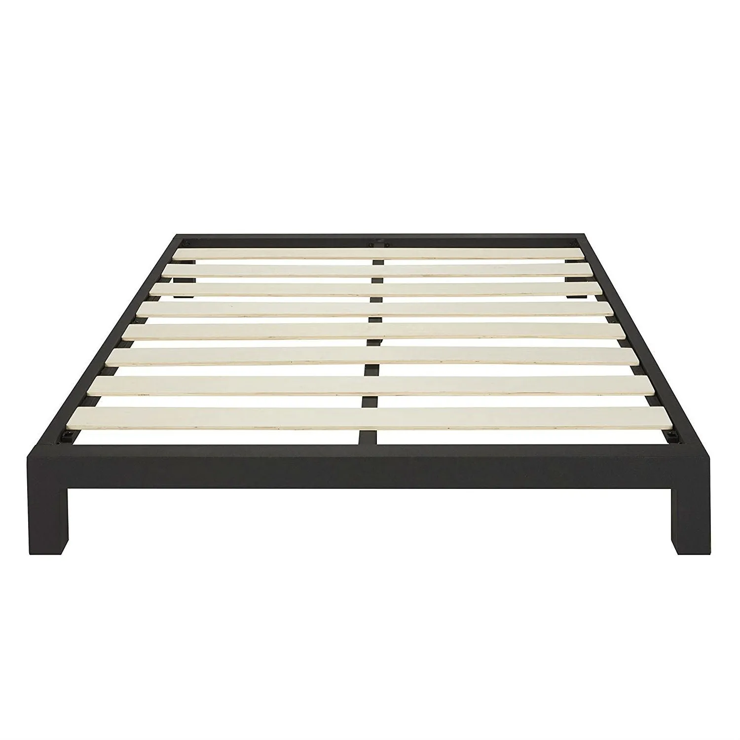 Full Black Metal Platform Bed Frame with Wide Wood Slats