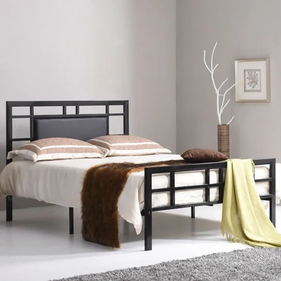 Full Modern Classic Metal Platform Bed Frame with Black Upholstered Headboard