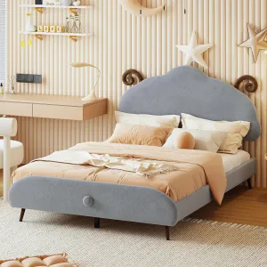Full Size Velvet Upholstered Platform Bed with Sheep-Shaped