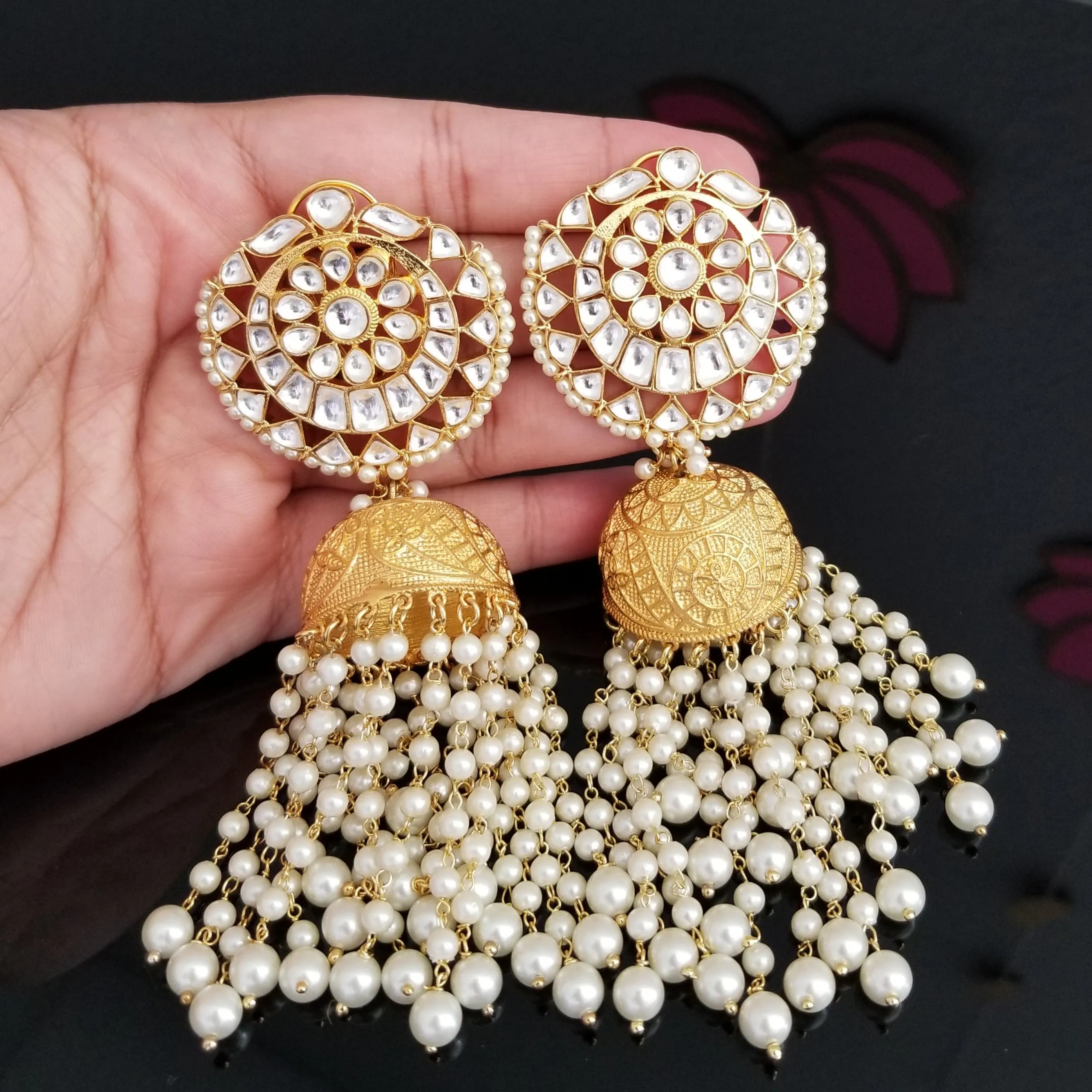 Gold Finish Long Kundan Jhumkas With Pearl Tassels SR27
