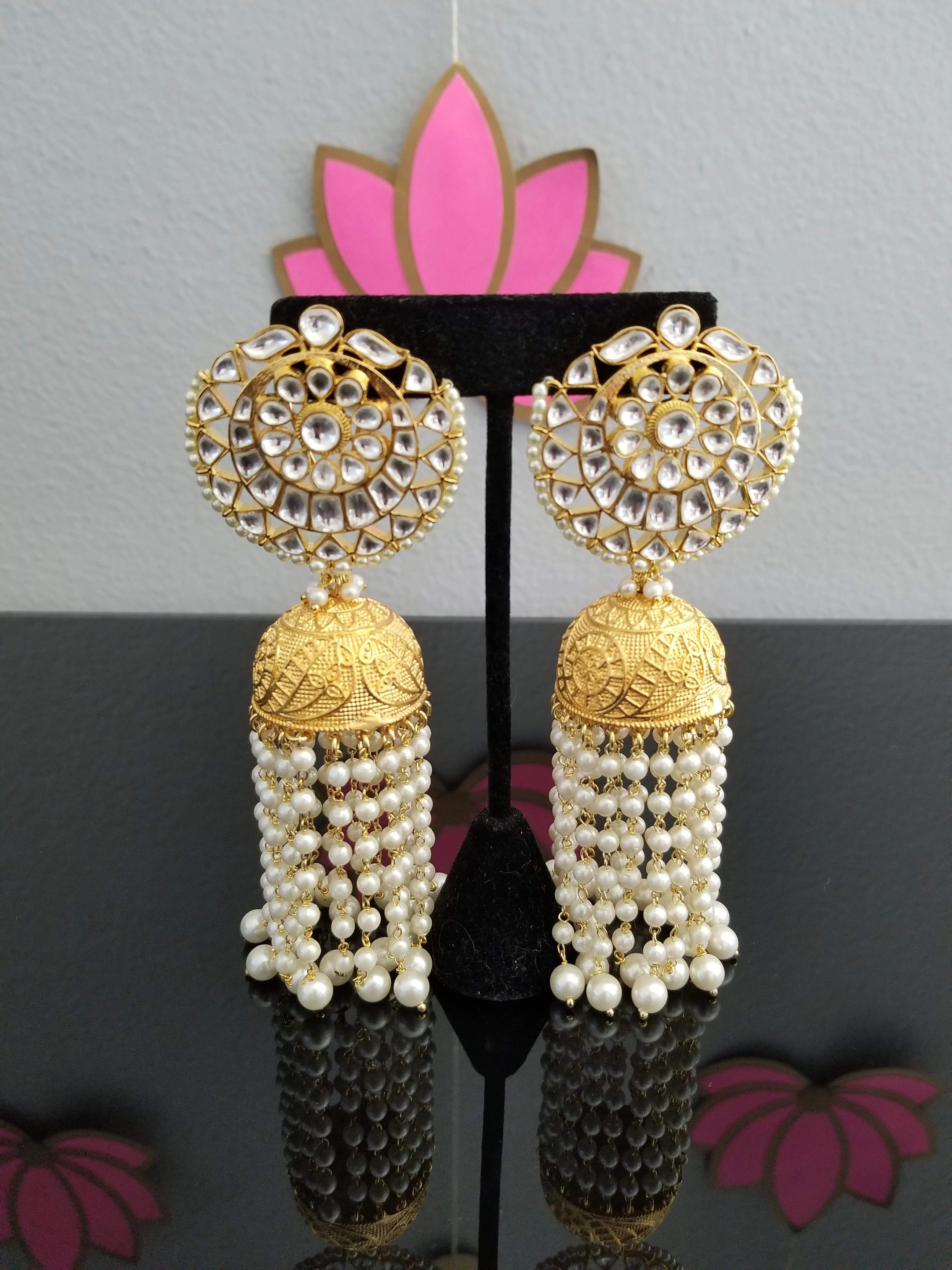 Gold Finish Long Kundan Jhumkas With Pearl Tassels SR27