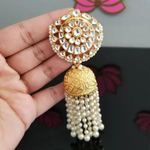 Gold Finish Long Kundan Jhumkas With Pearl Tassels SR27