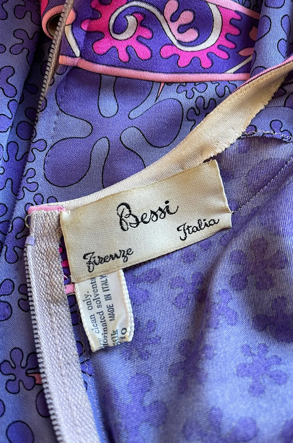 Gorgeous 1960s Bessi Light Purple & Pink Printed Silk Jersey Dress w V Neck & Slit Front